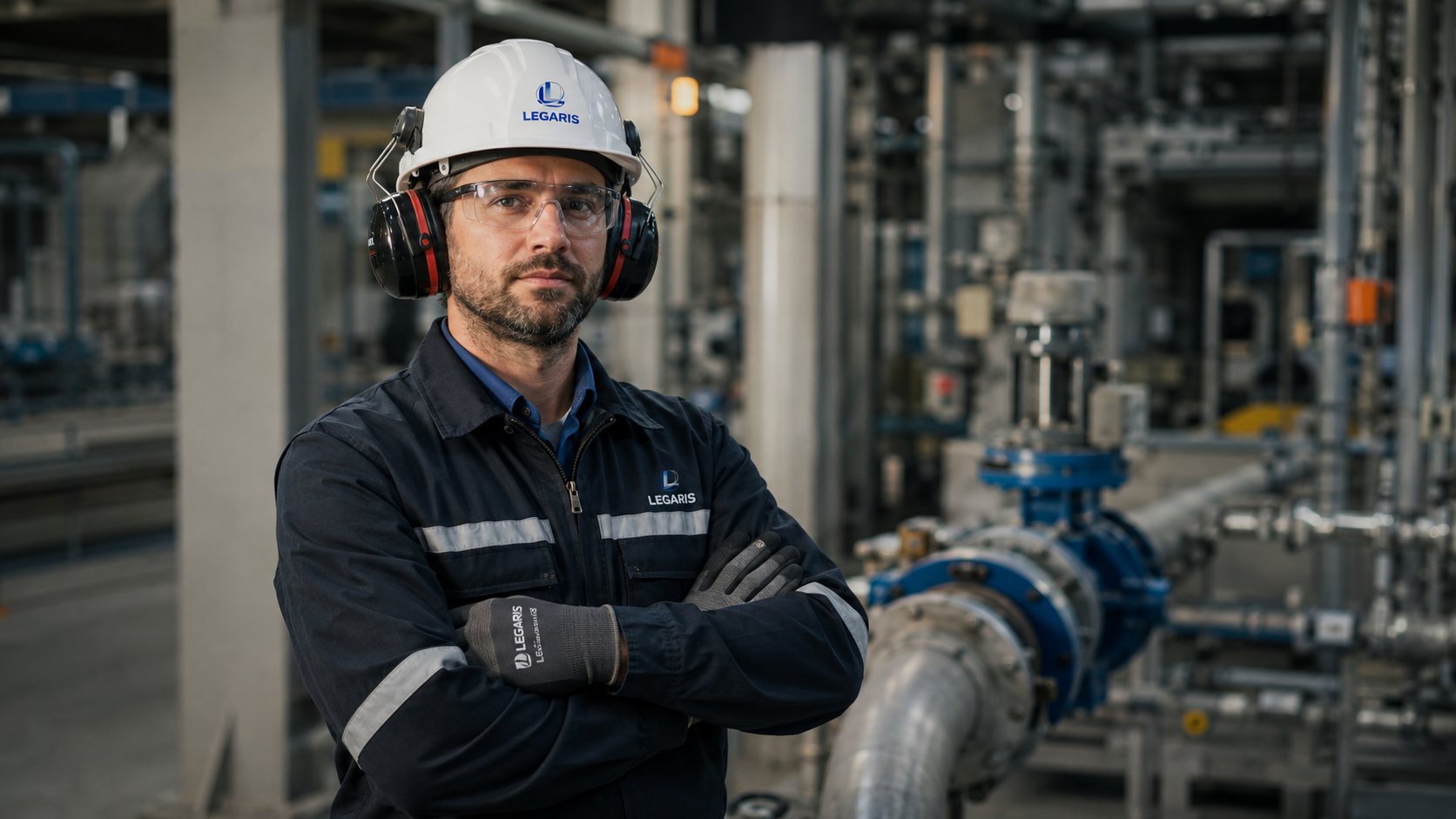 Profissional industrial utilizando capacete, óculos de proteção e protetor auricular em planta industrial