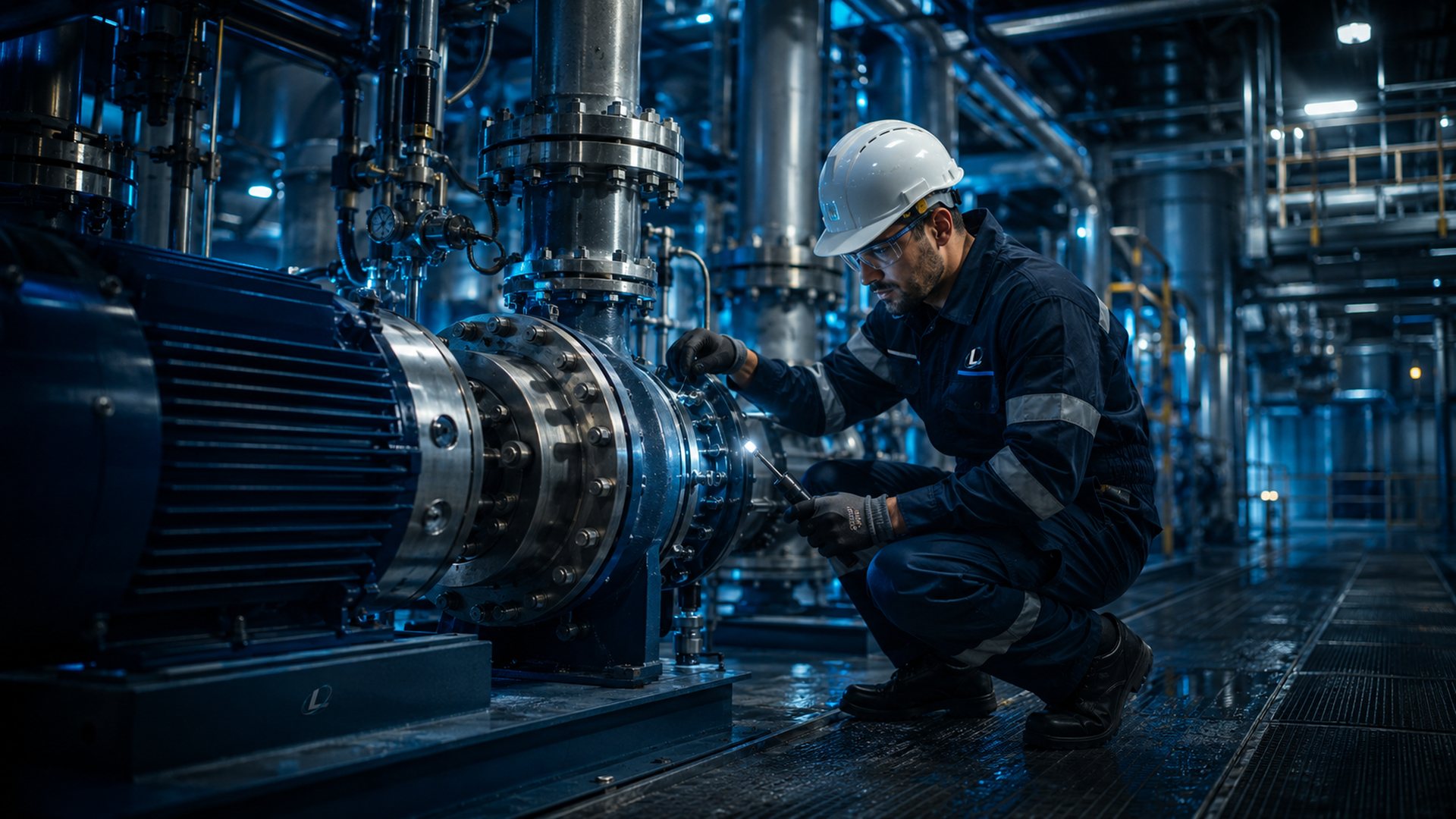 Profissional de manutenção industrial trabalhando junto a um grande conjunto de bomba e tubulações em planta industrial