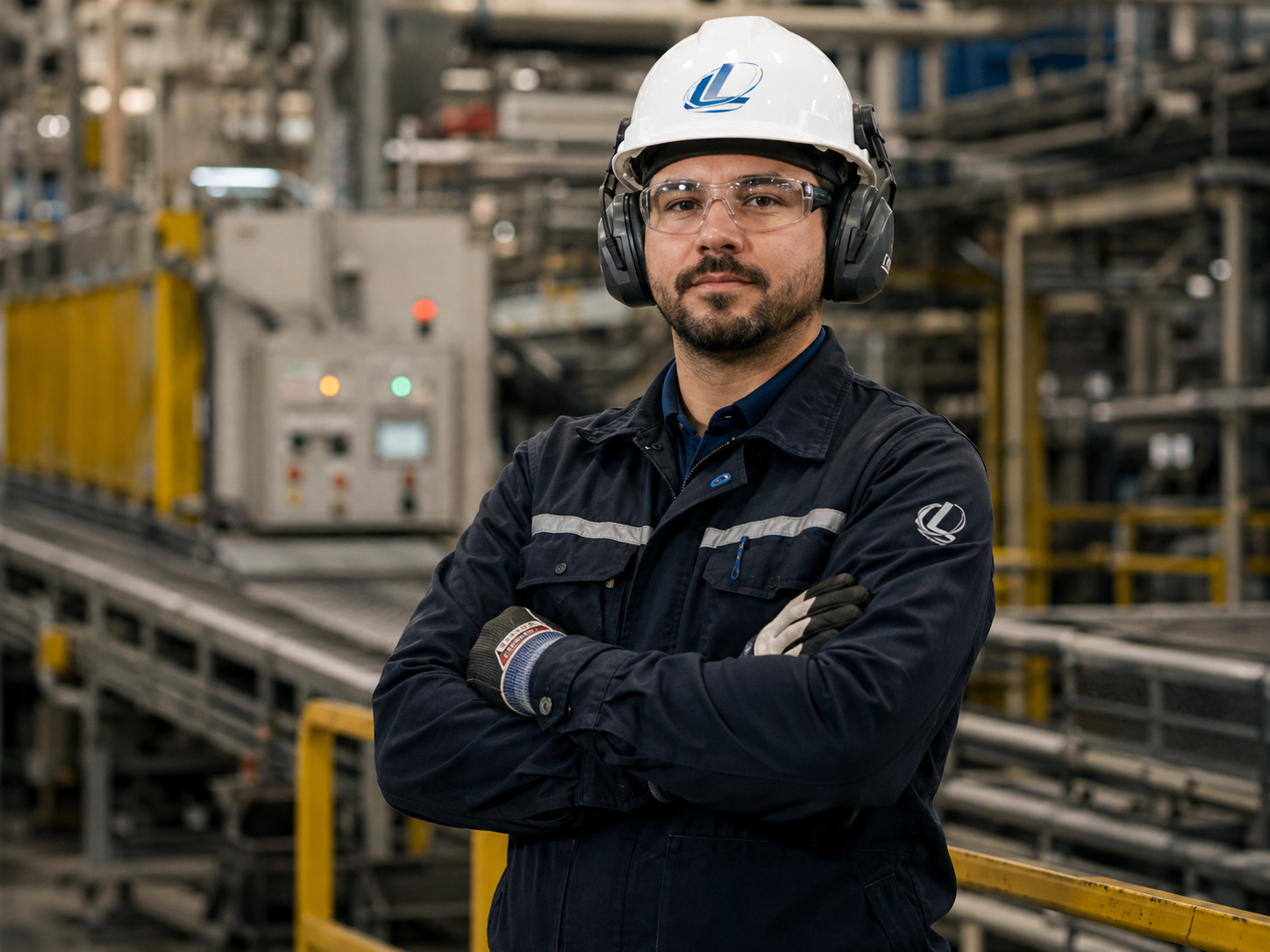 Profissional com capacete, óculos e uniforme de segurança em ambiente industrial