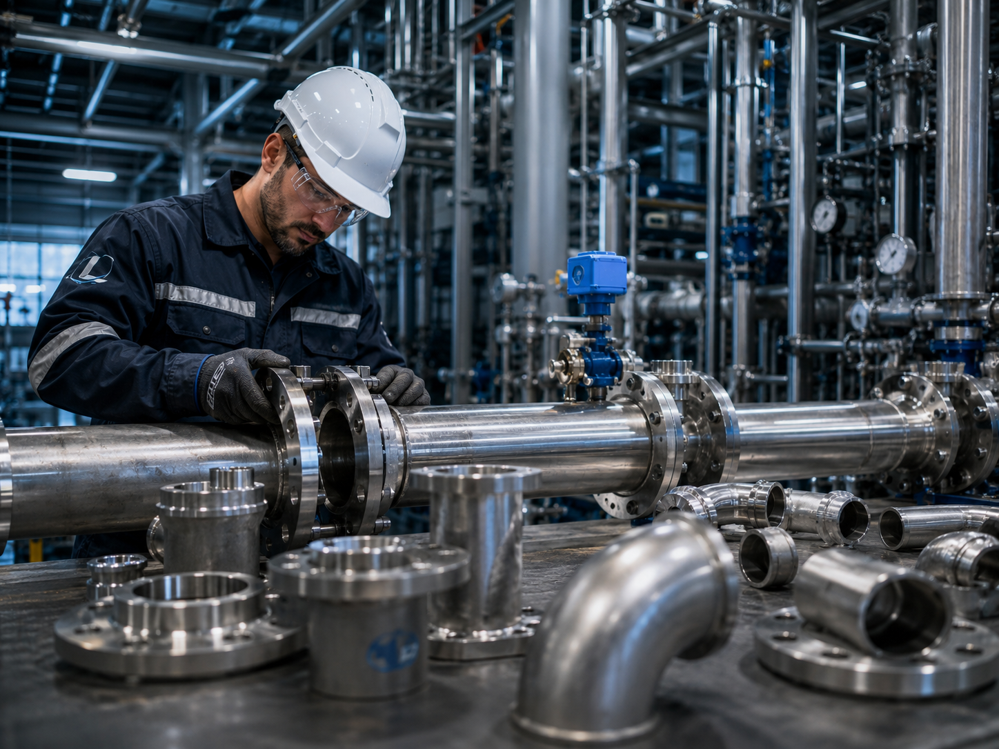 Técnico montando flange em tubulação industrial, com conexões e curvas de aço inox sobre a bancada