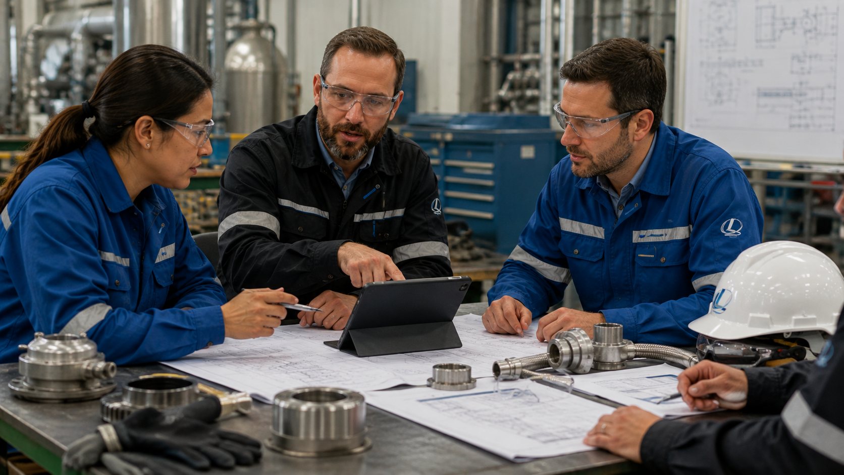 Equipe de segurança do trabalho e suprimentos analisando demandas de EPI em ambiente industrial