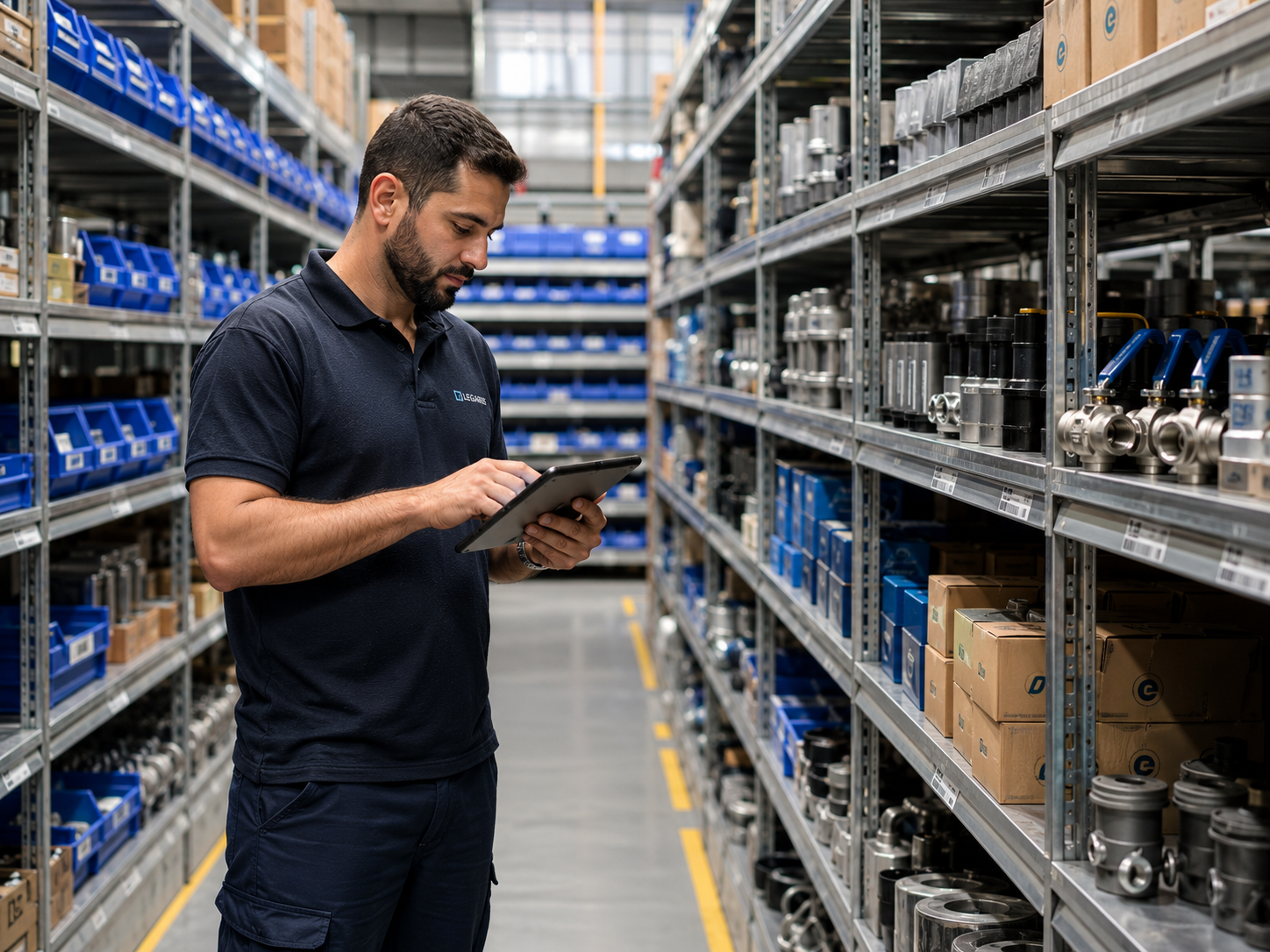 Profissional com tablet conferindo componentes industriais em almoxarifado organizado