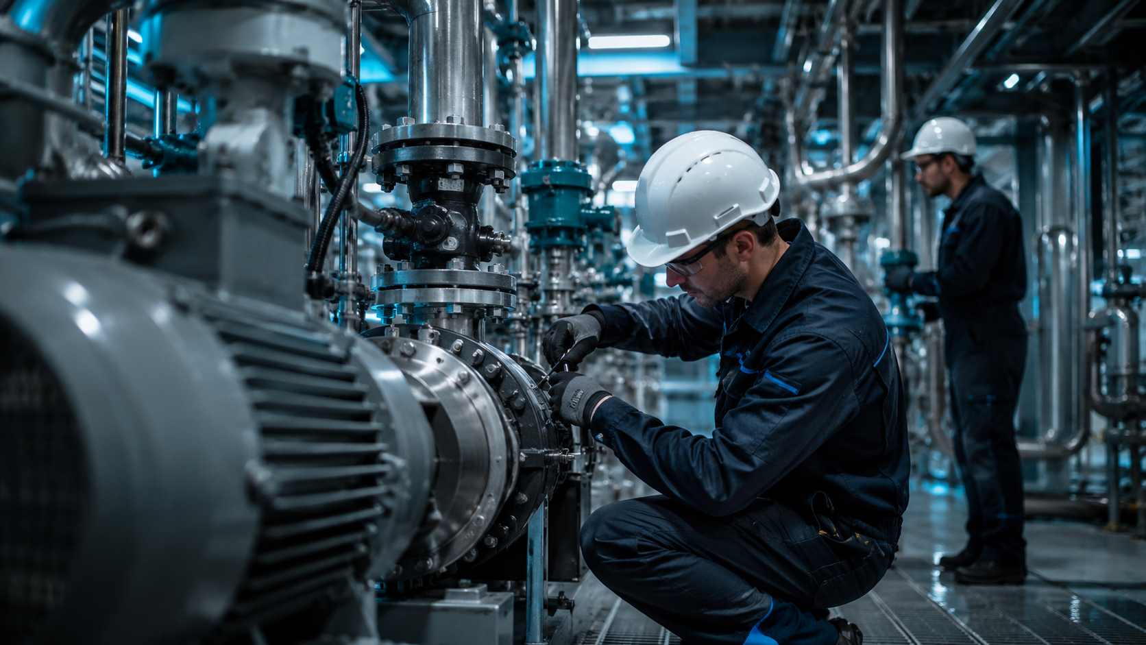 Técnico de manutenção realizando serviço em equipamento industrial metálico