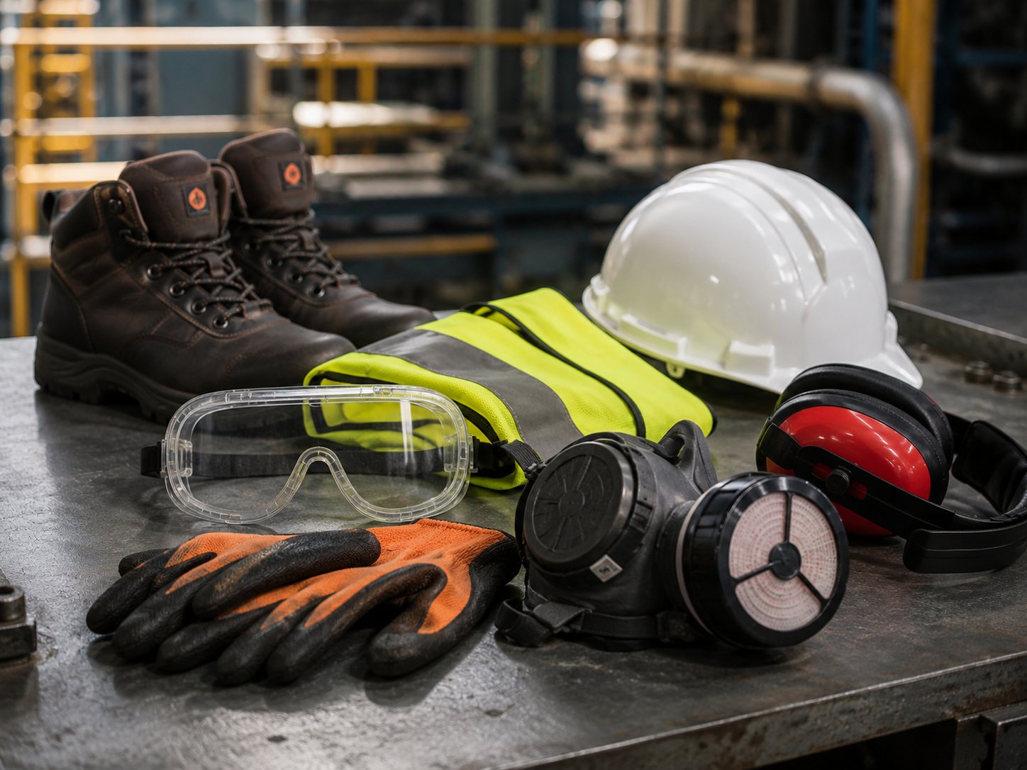 Conjunto de EPIs industriais: capacete de segurança, óculos, luvas, protetor auricular, respirador e calçado de segurança