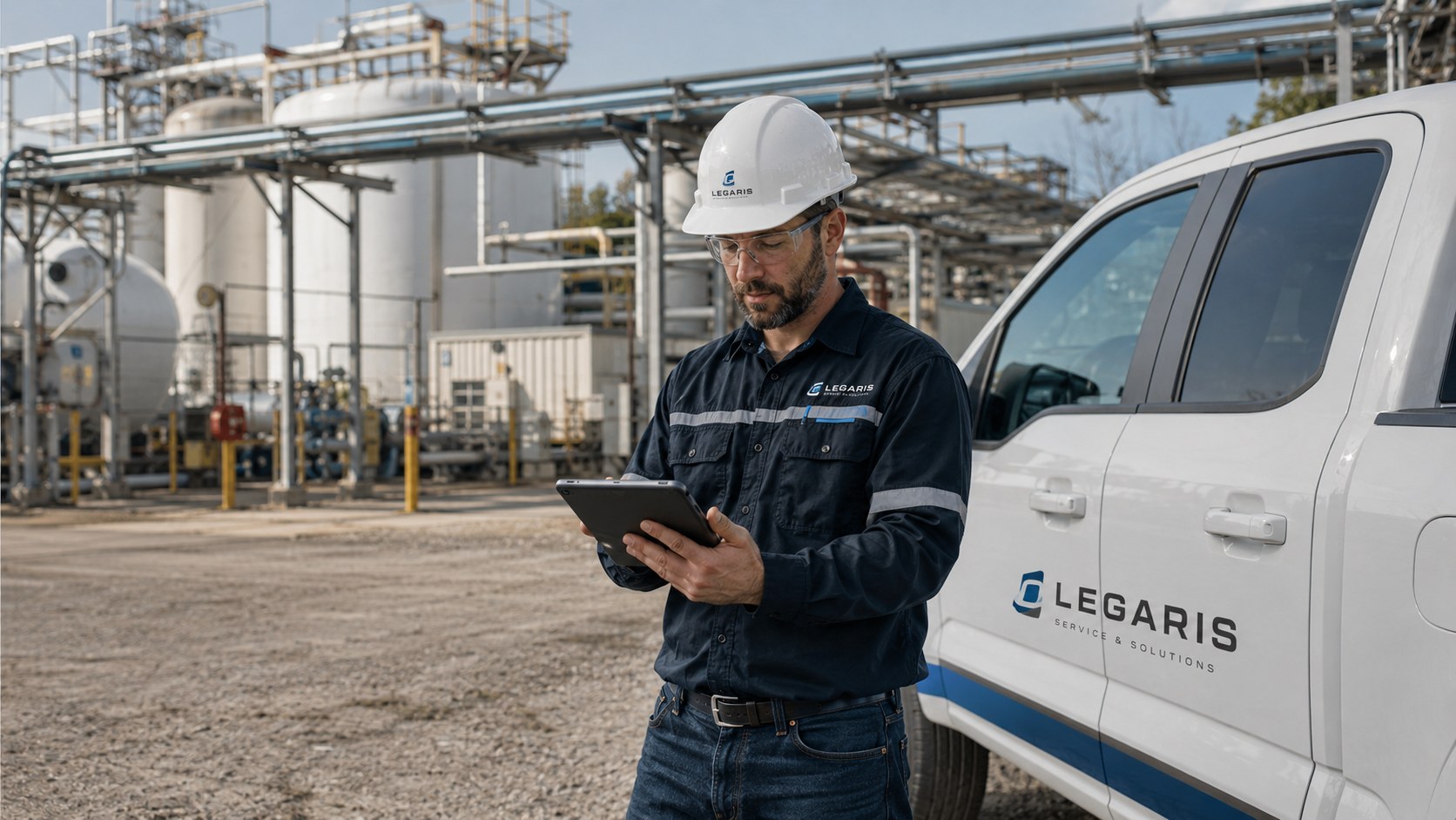 Profissional da LEGARIS ao lado do veículo da empresa dentro de um ambiente industrial