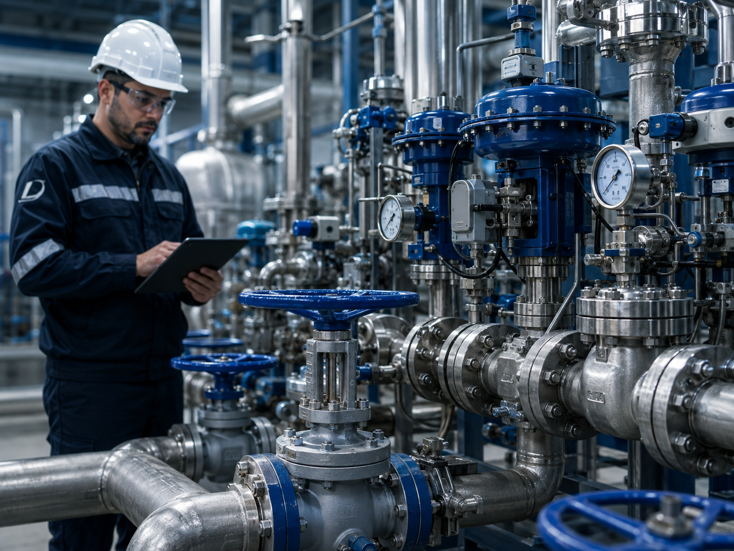 Profissional verificando conjunto de válvulas e instrumentação em planta industrial