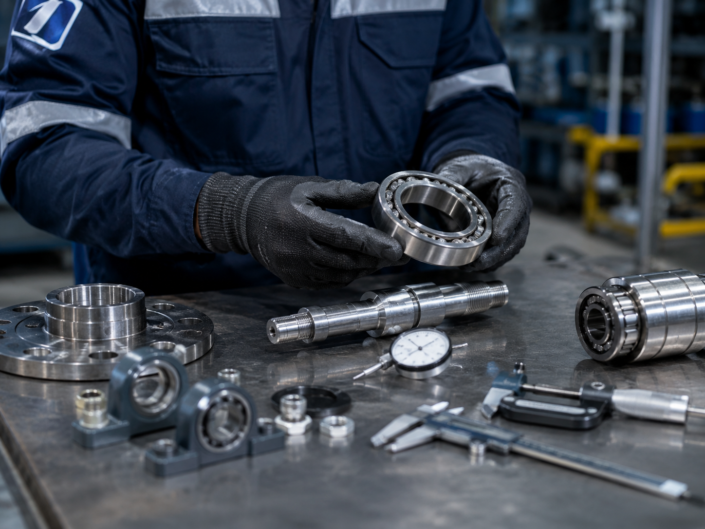 Técnico industrial inspecionando rolamento sobre bancada com mancais e instrumentos de medição