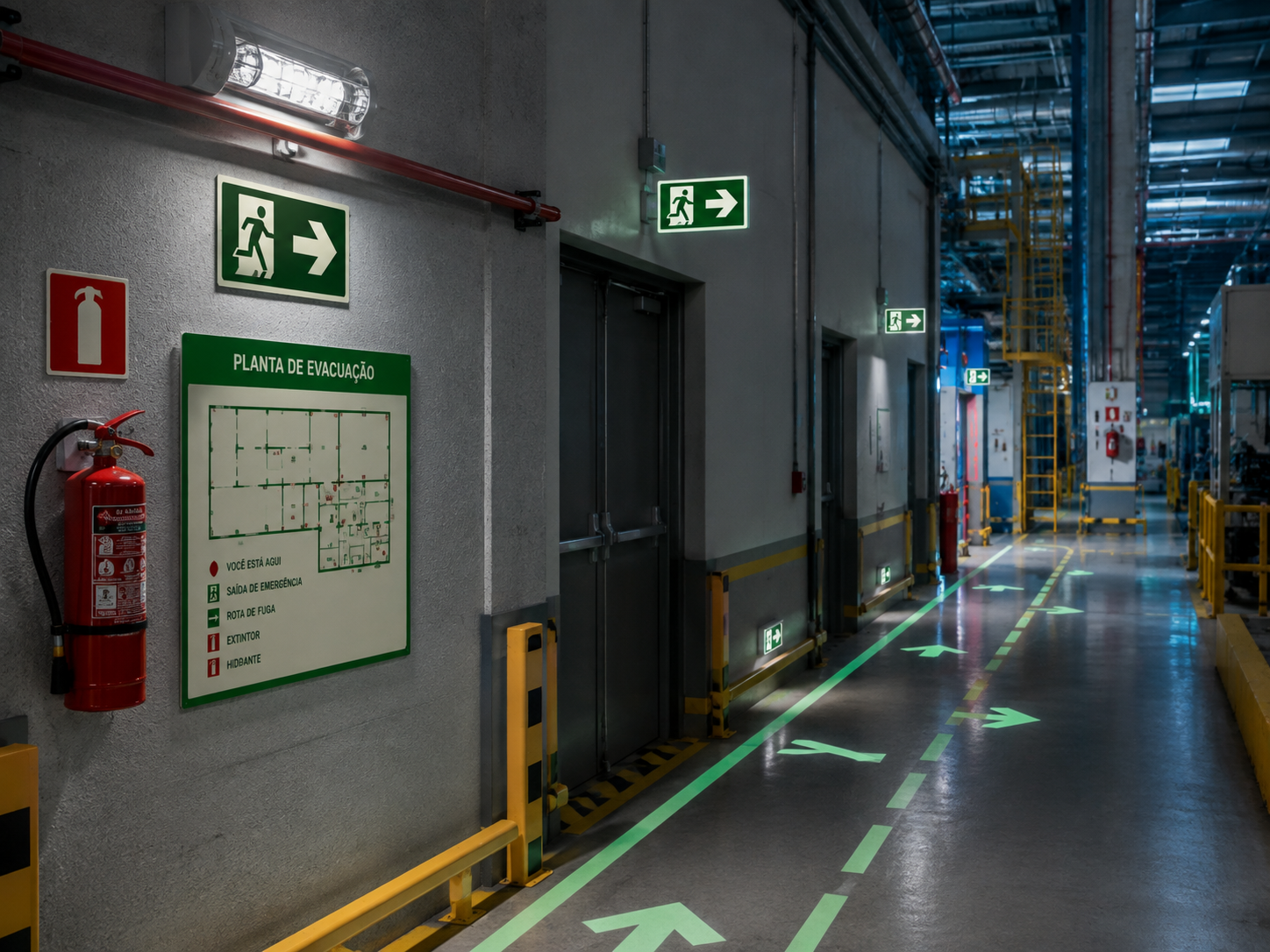 Corredor industrial com sinalização de emergência, planta de evacuação, extintor e rota de fuga demarcada no piso