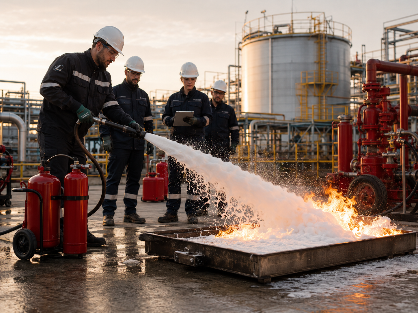 Equipe aplicando espuma com LGE sobre bandeja de teste de fogo em área industrial