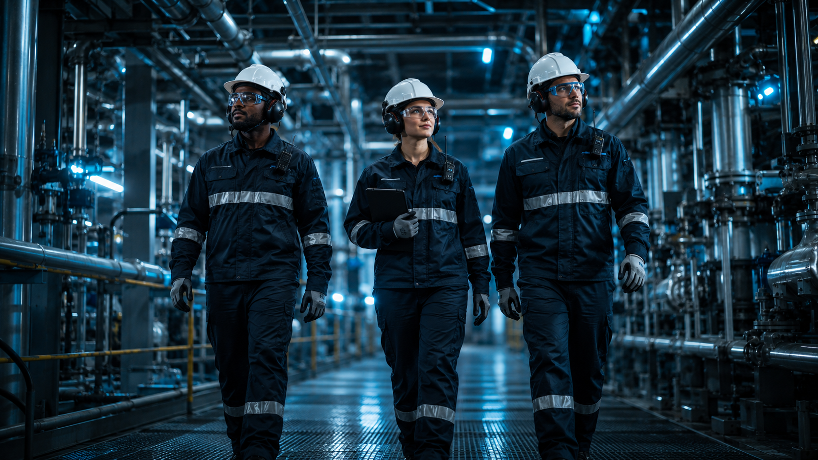 Profissionais de segurança caminhando por uma planta industrial de grande escala, com iluminação azulada e equipamentos em operação ao fundo
