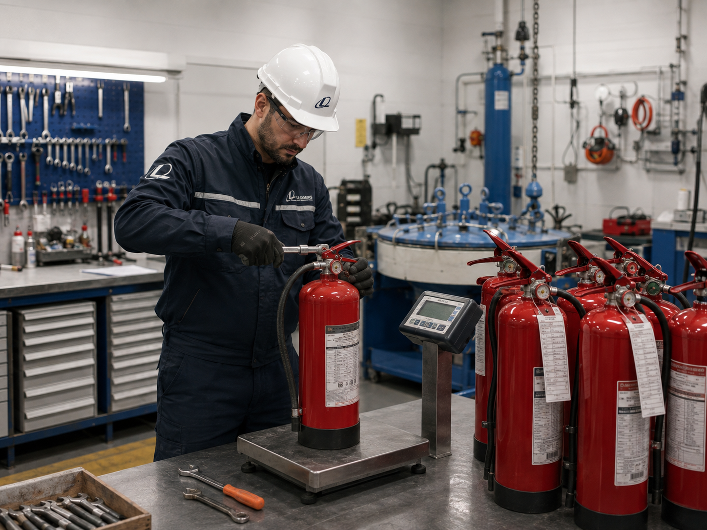 Técnico LEGARIS realizando manutenção e recarga de extintores em bancada industrial